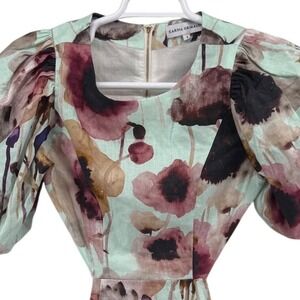 Karina Grimaldi Floral Linen Puff Sleeve Cutout Back Mini Dress Mint Green S